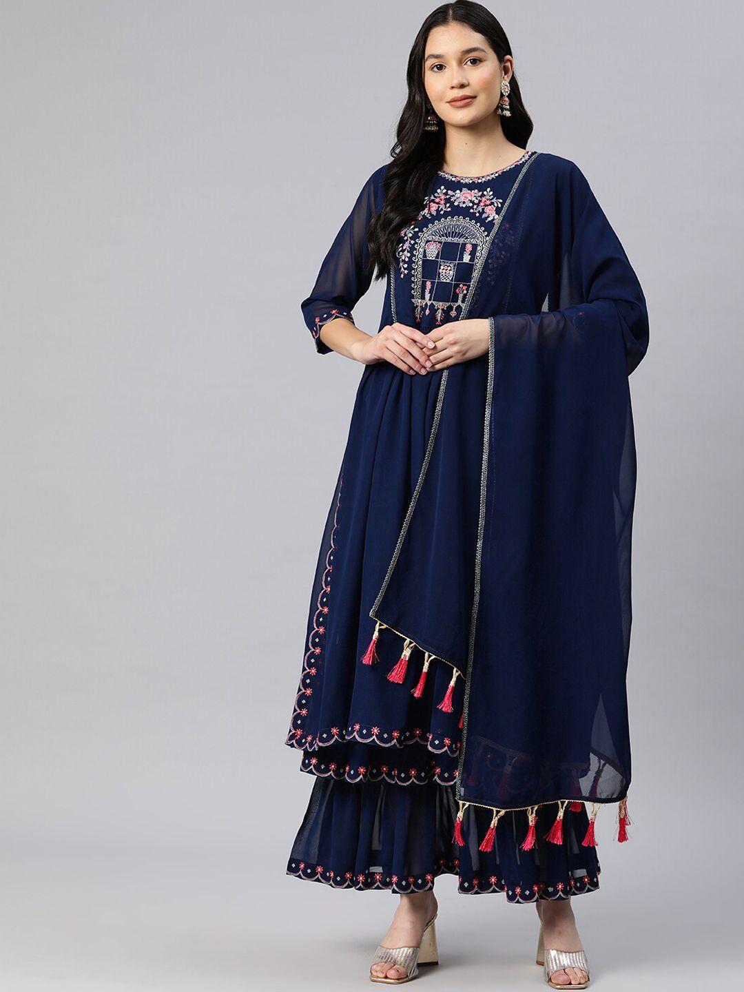 kavindi women ethnic motifs embroidered pleated thread work kurta with sharara & with dupatta