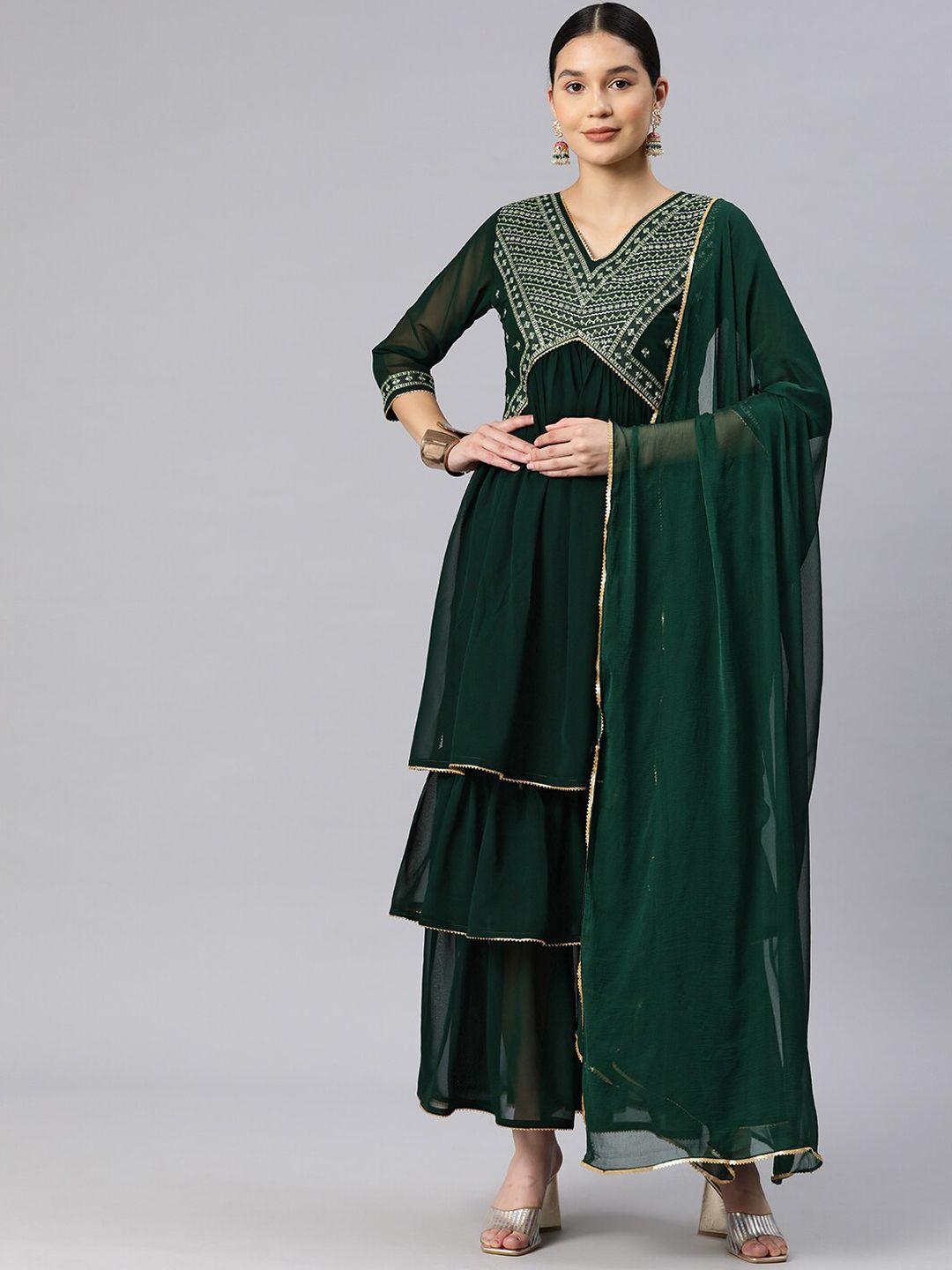 kavindi women embroidered pleated sequinned kurta with sharara & with dupatta