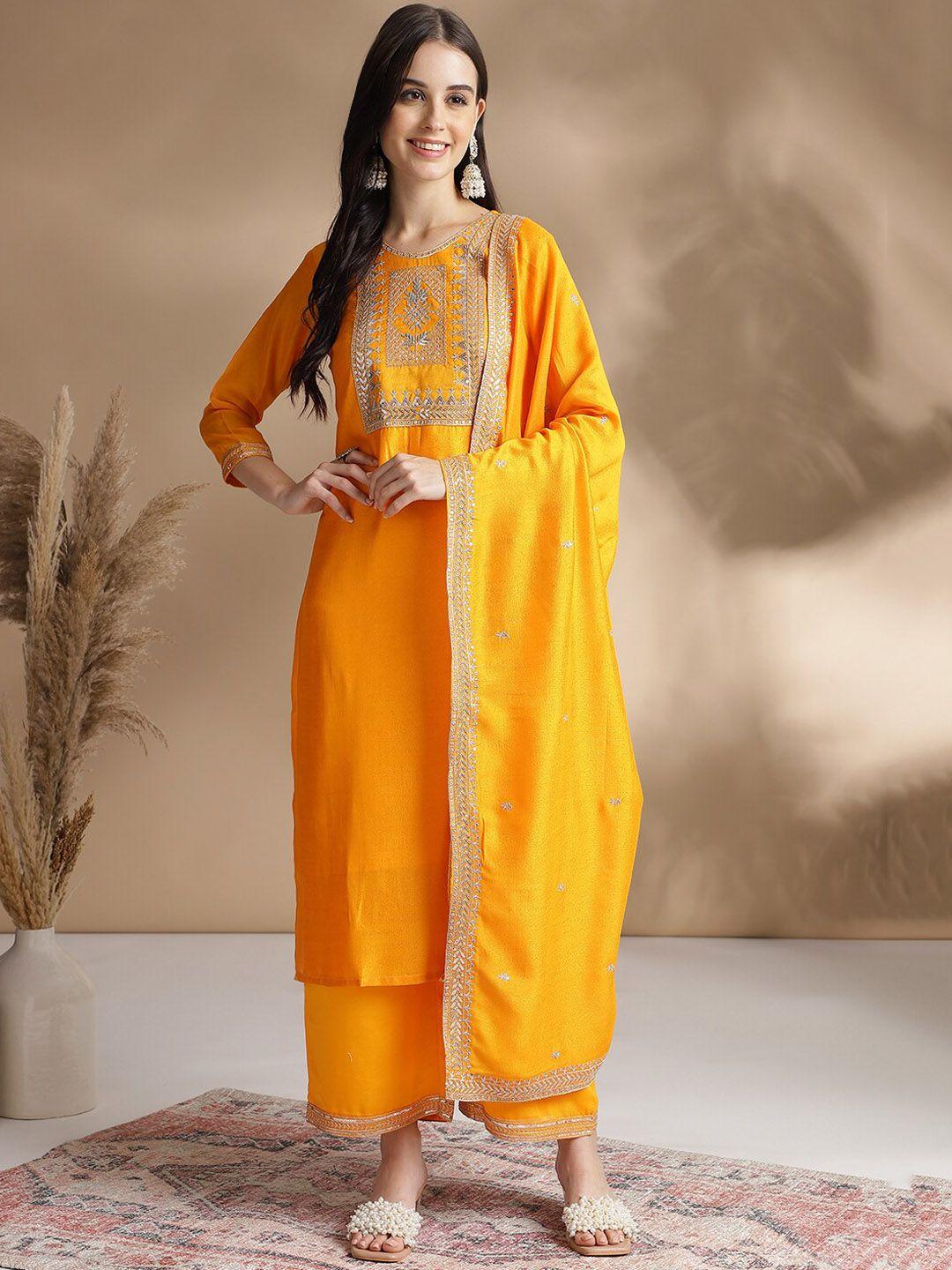 kavindi women floral embroidered regular pure silk kurta with trousers & with dupatta