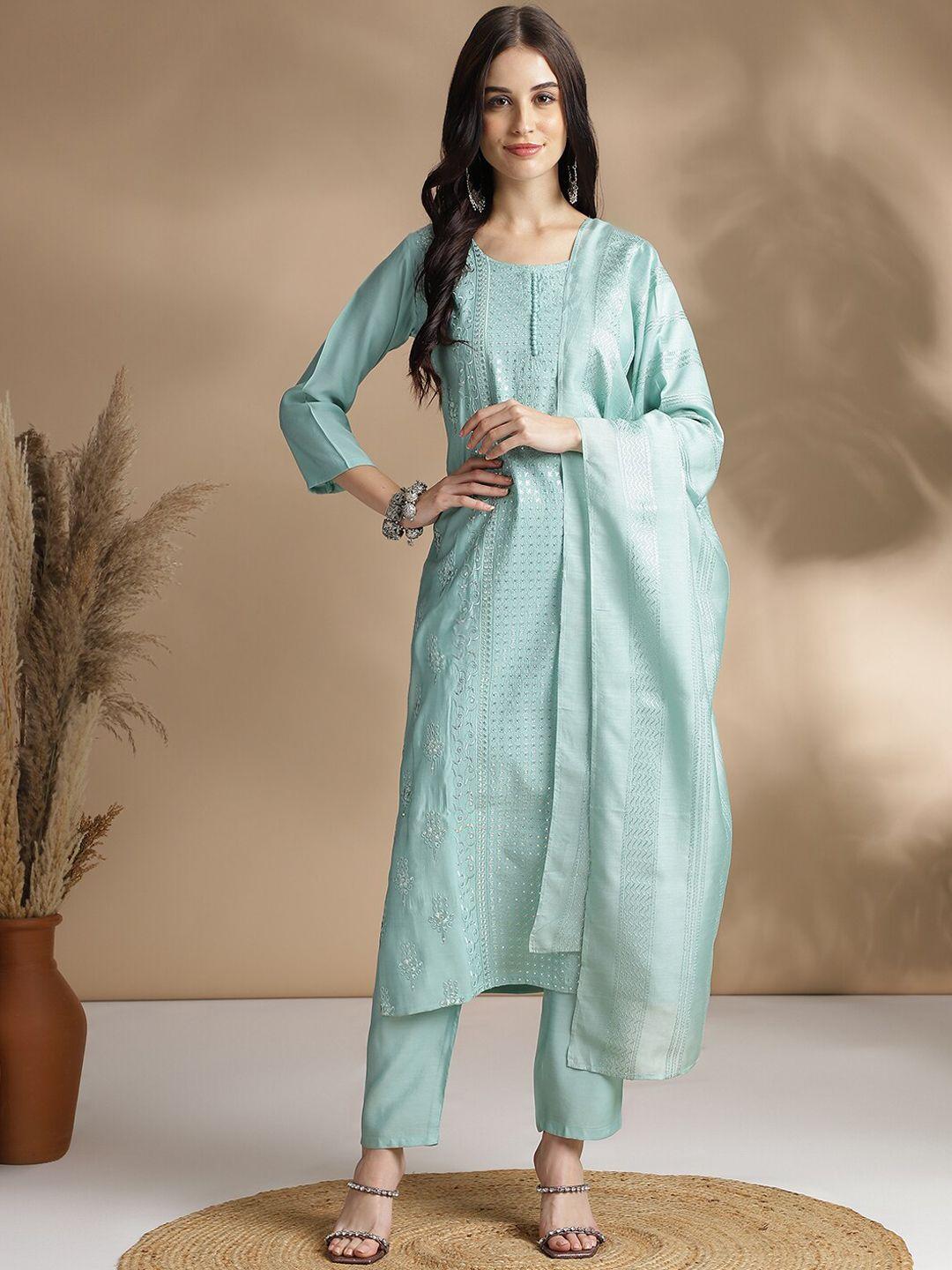 kavindi women embroidered regular thread work pure silk kurta with trousers & with dupatta