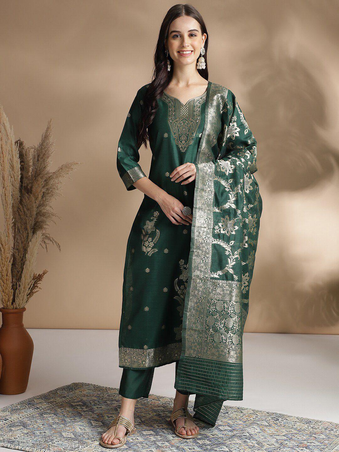 kavindi women floral regular chanderi cotton kurta with trousers & with dupatta