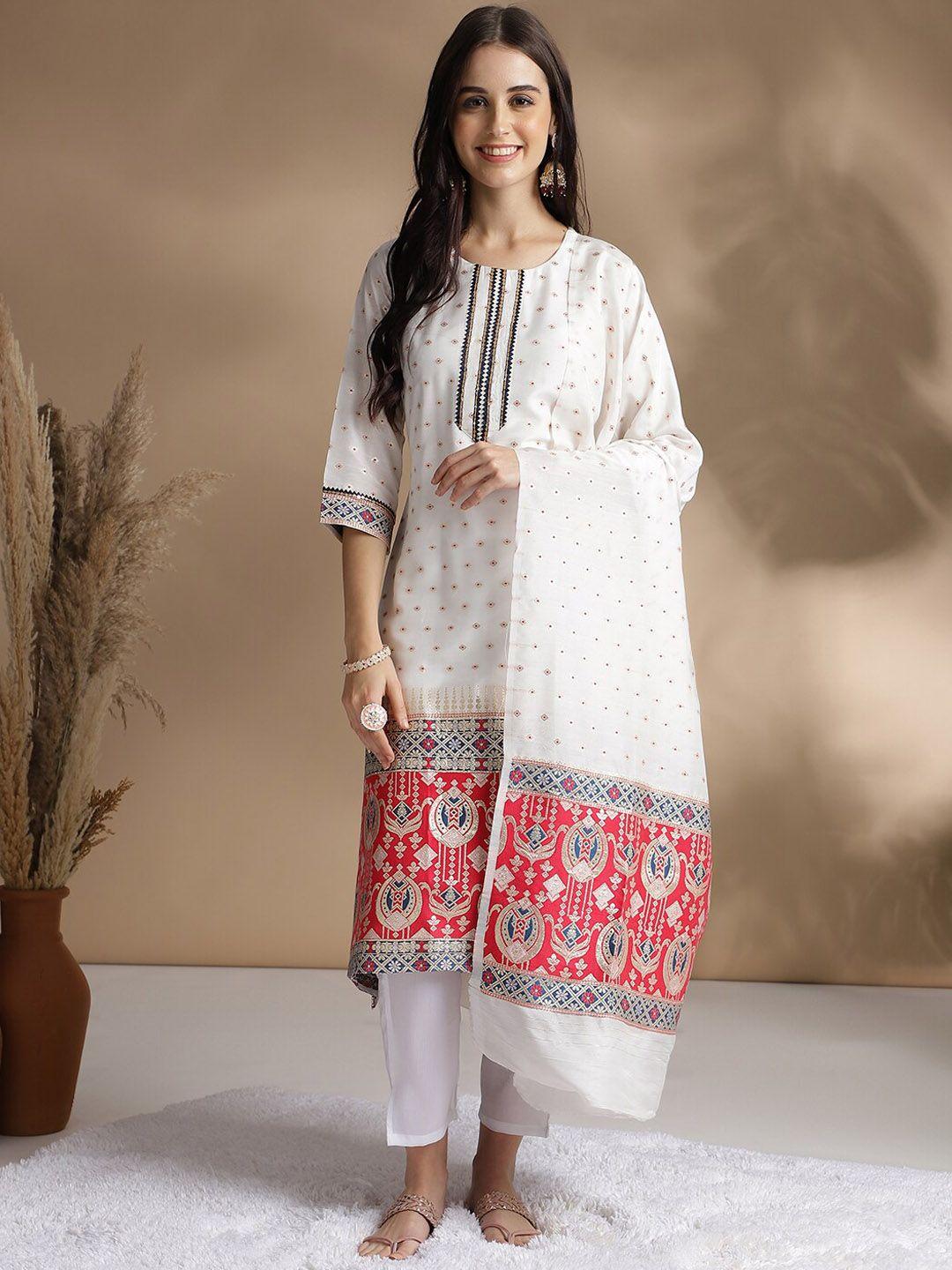 kavindi women floral regular chanderi cotton kurta with trousers & with dupatta