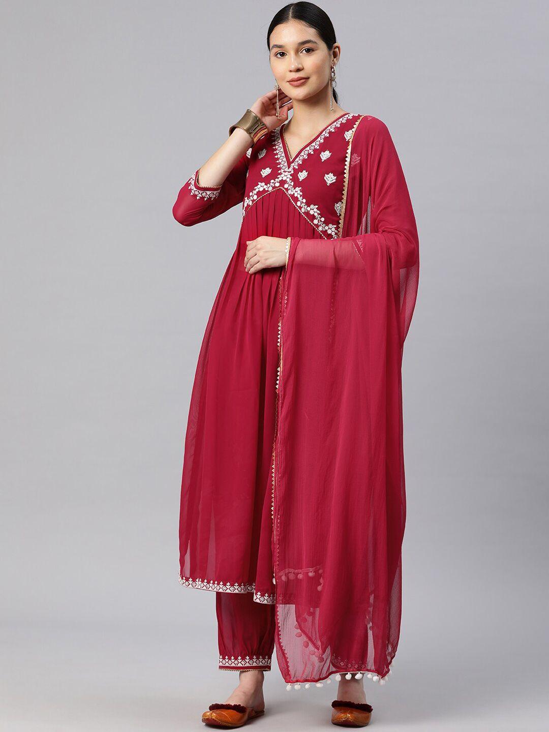 kavindi women floral embroidered pleated thread work kurta with trousers & with dupatta