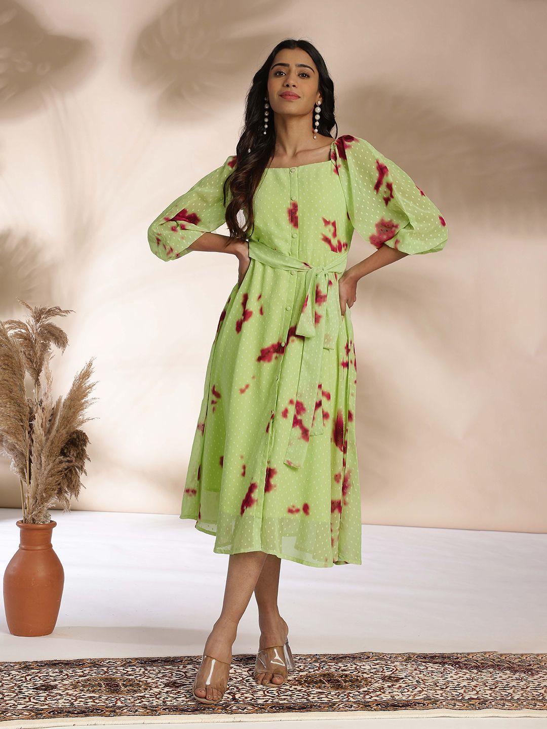 janasya floral print flutter sleeve georgette a-line dress