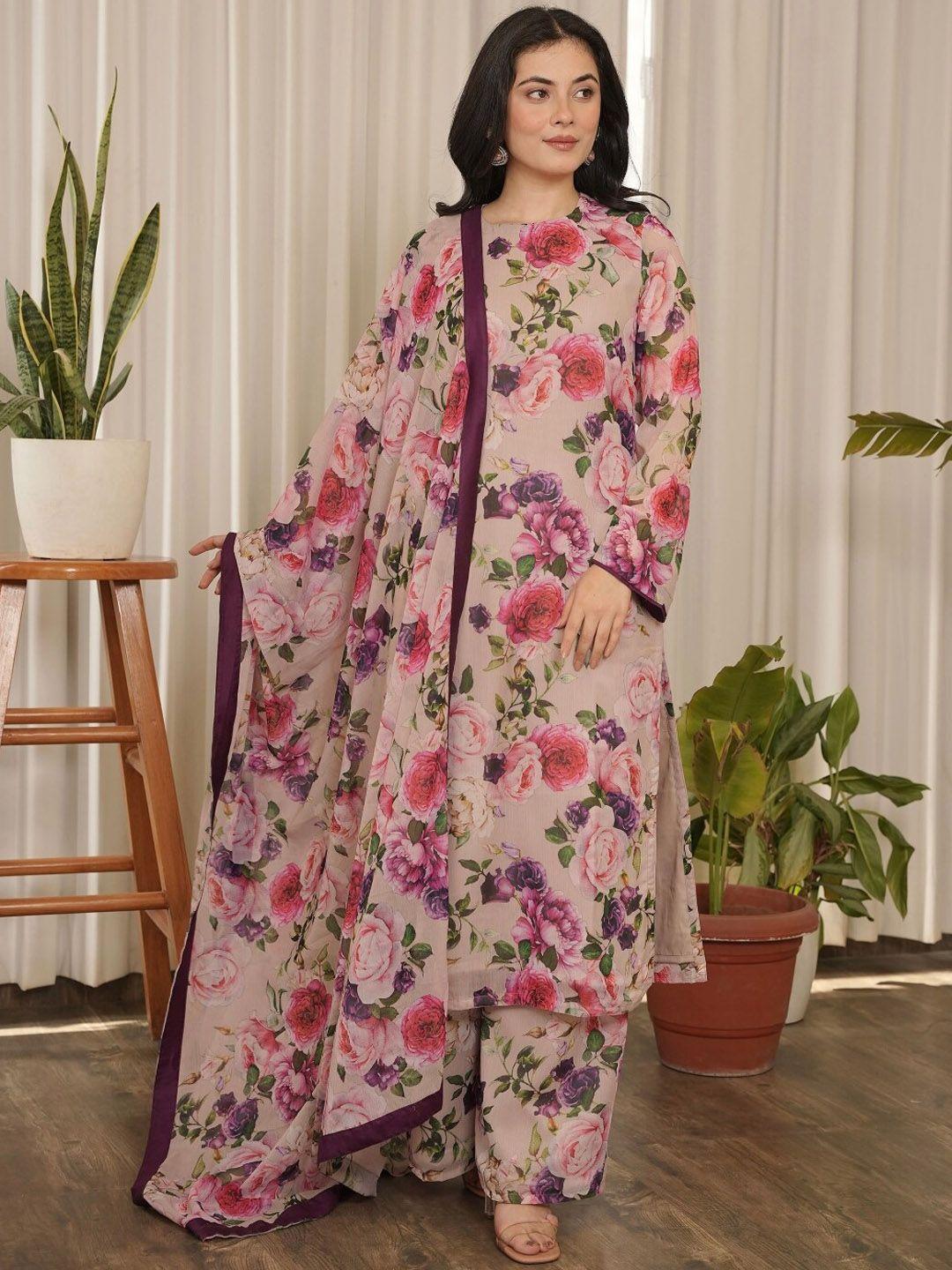 onewe women floral printed regular silk chiffon kurta with palazzos & with dupatta