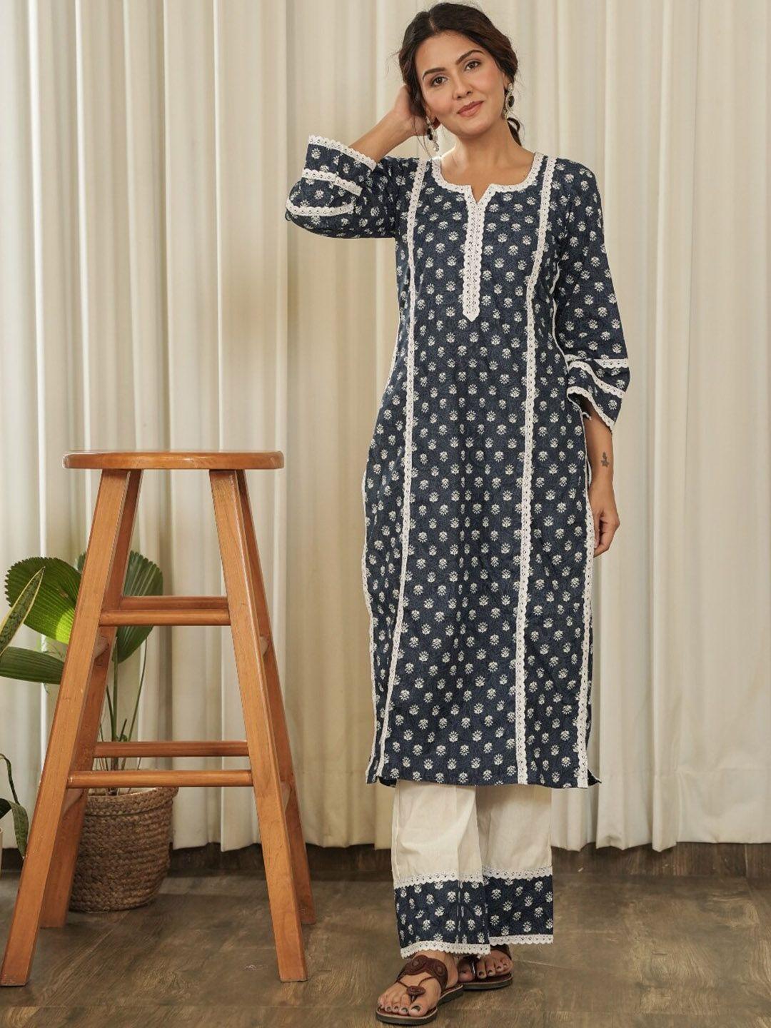 onewe women ethnic motifs printed regular pure cotton kurta with palazzos