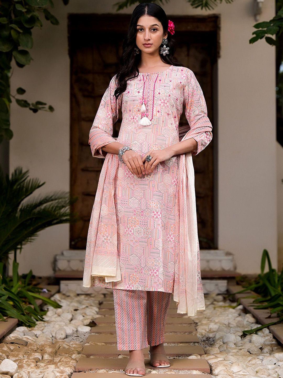 sangria ethnic motifs printed thread work pure cotton kurta with trousers & dupatta