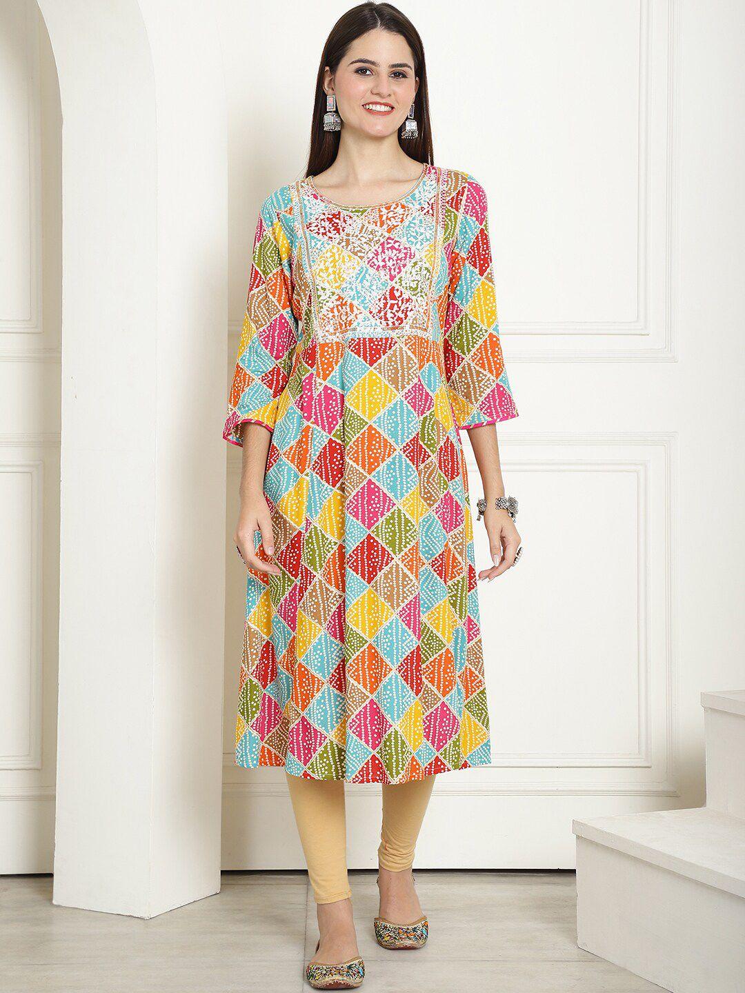 kalini women geometric printed thread work pastels kurta