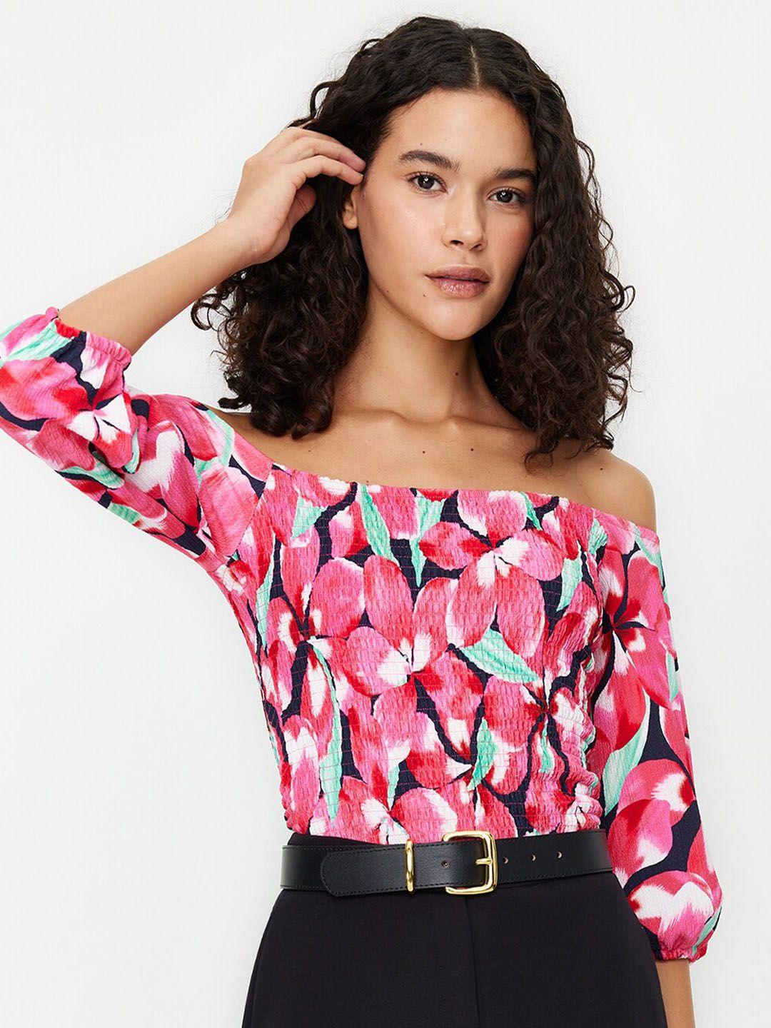 trendyol floral printed off-shoulder puffed sleeve smocked top