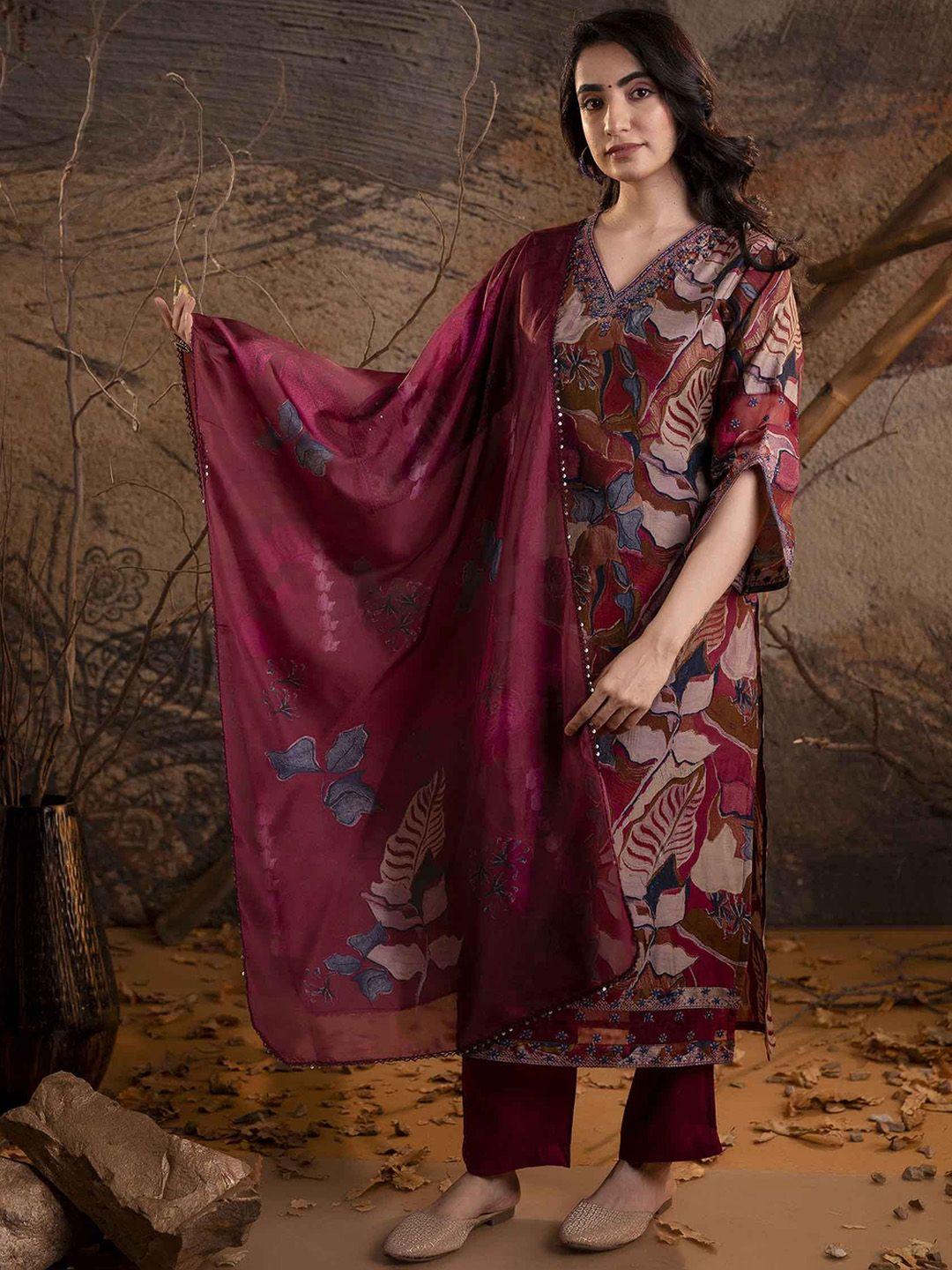 nehamta women floral printed regular sequinned kurta with trousers & with dupatta