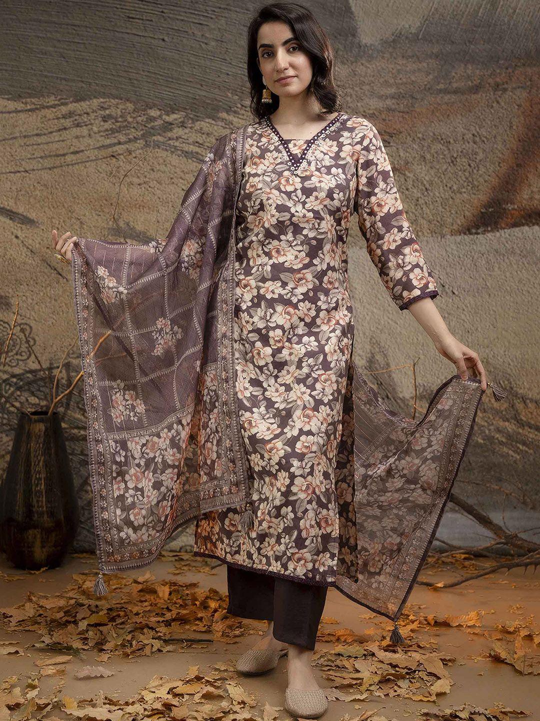 nehamta women floral printed regular sequinned kurta with trousers & with dupatta