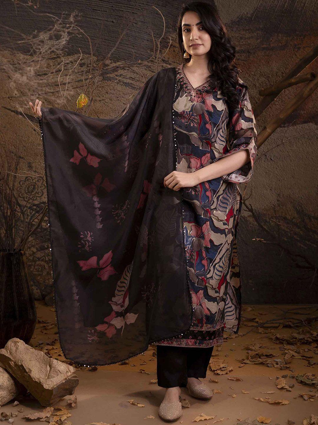 nehamta women floral printed regular sequinned kurta with trousers & with dupatta