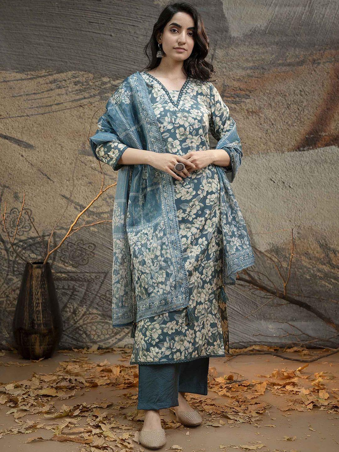 nehamta women floral printed regular sequinned kurta with trousers & with dupatta