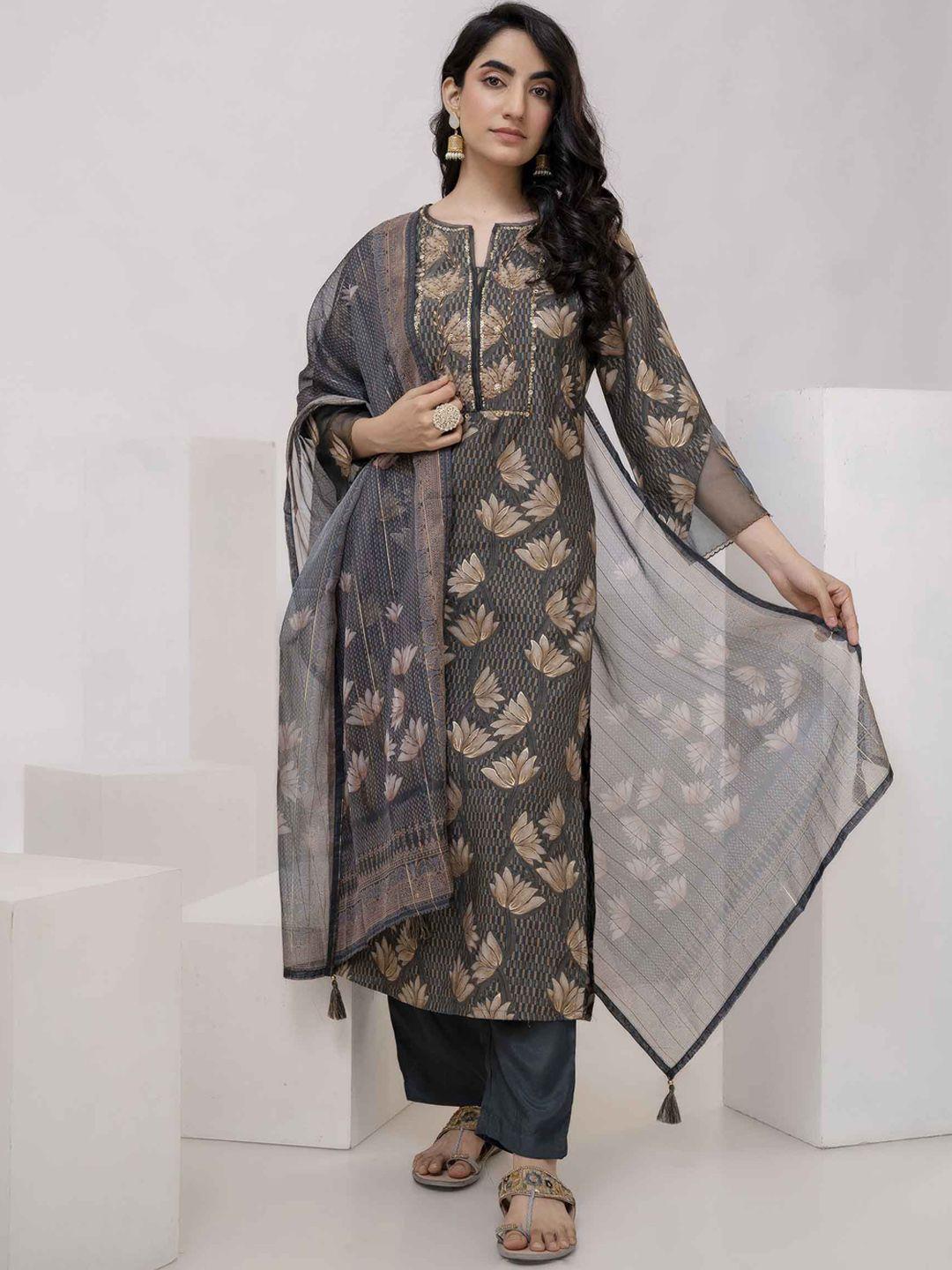 nehamta women floral printed regular sequinned kurta with trousers & with dupatta