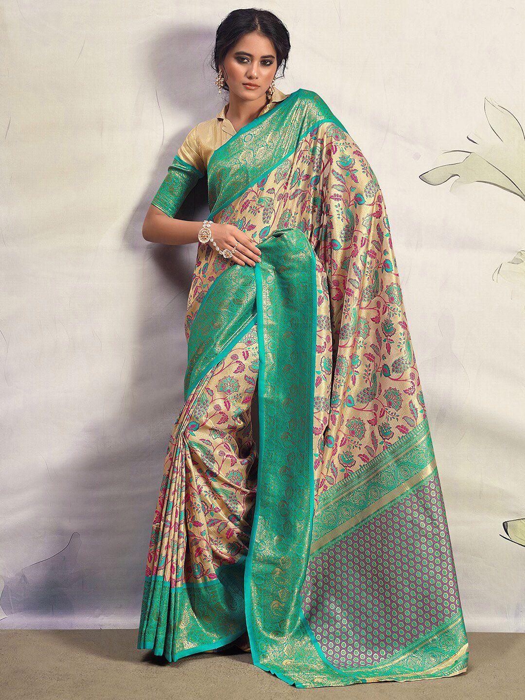 mitera golden floral printed zari art silk banarasi saree