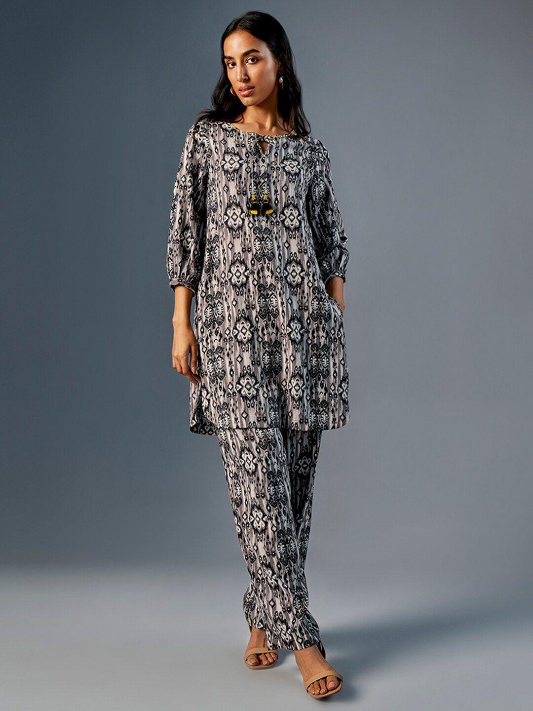 global desi printed tie up neck kurta with trousers