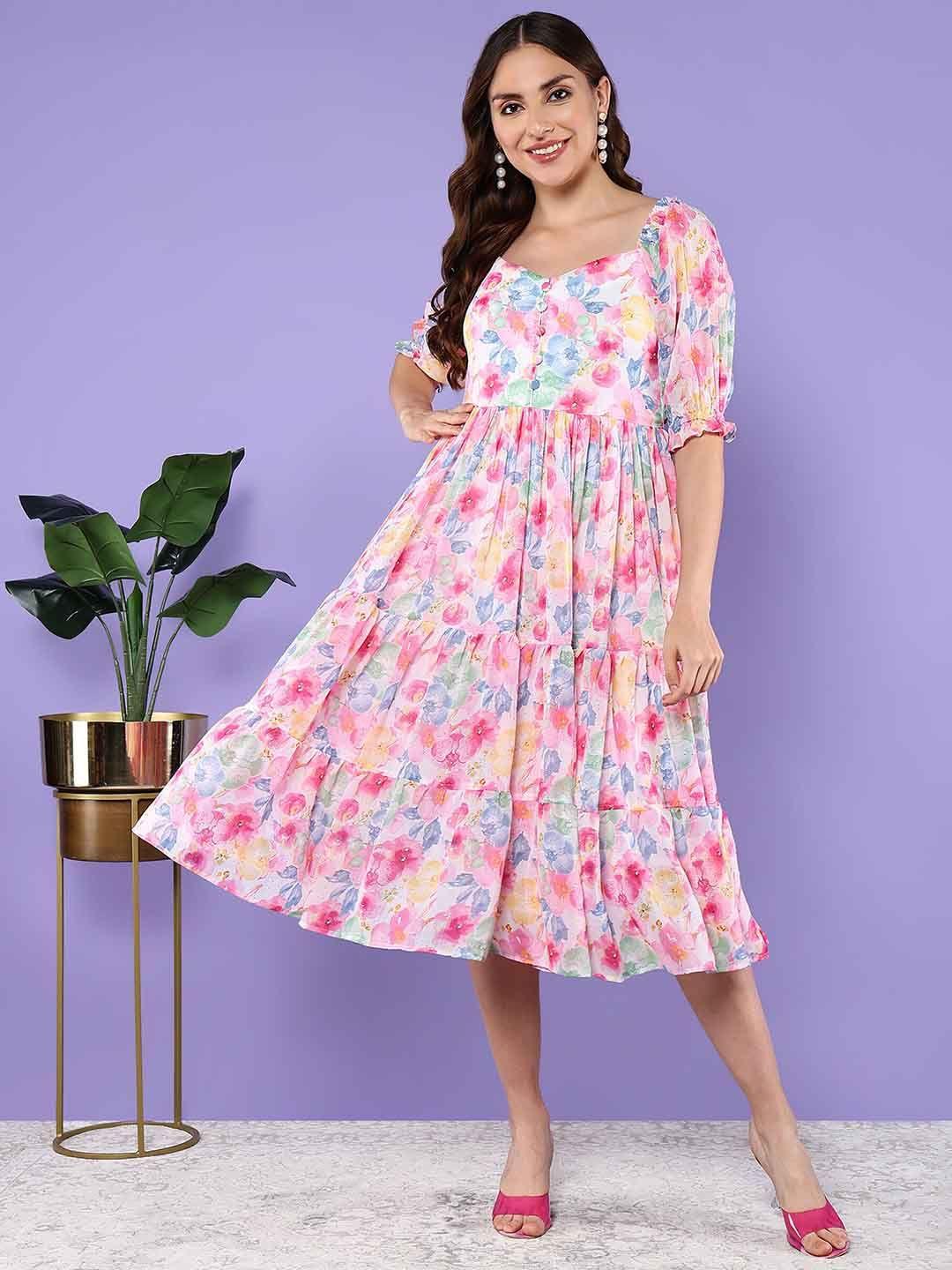 baesd floral print chiffon fit & flare midi dress