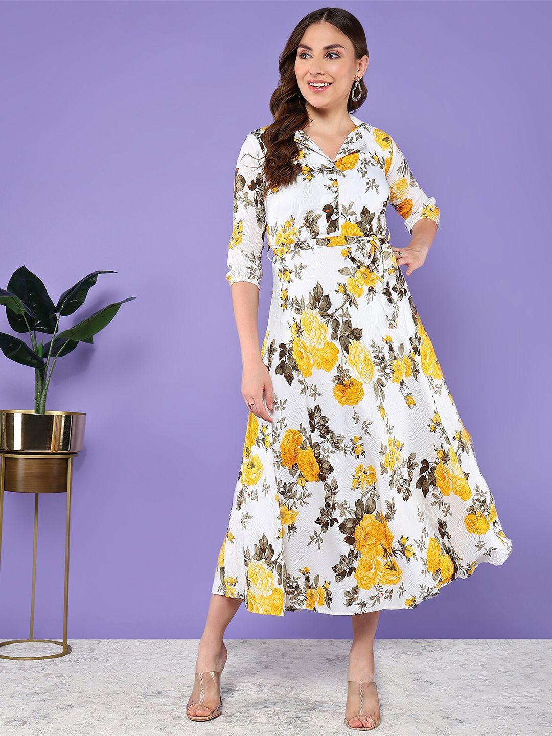 baesd floral printed lapel collar puff sleeves cotton fit & flare midi dress with belt