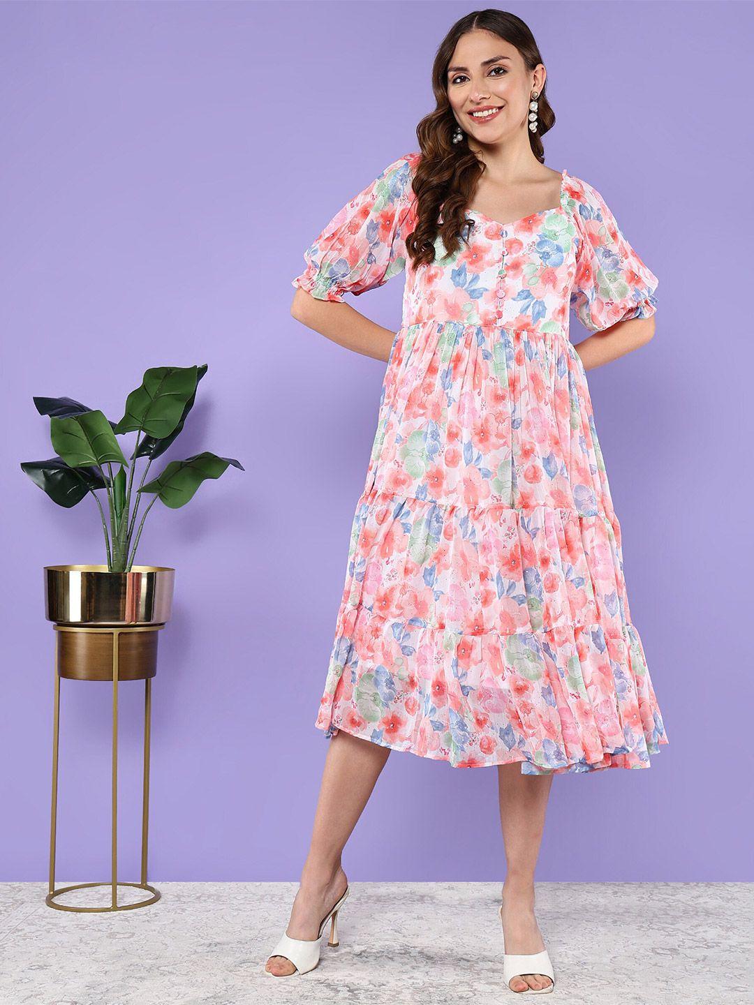 baesd floral printed puff sleeves tiered chiffon fit & flare midi dress