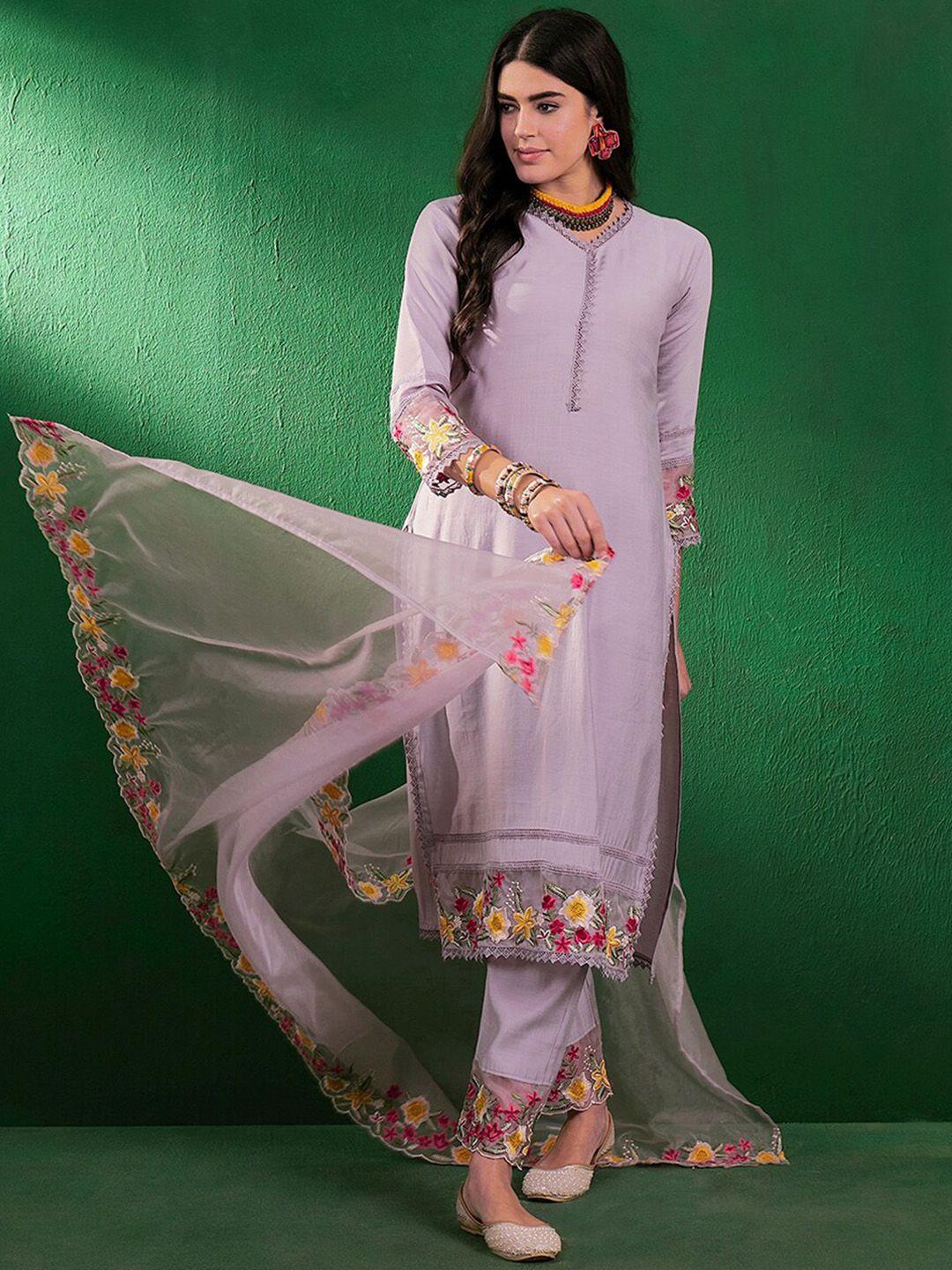 sangria floral embroidered schiffli lace detail kurta with palazzo & dupatta