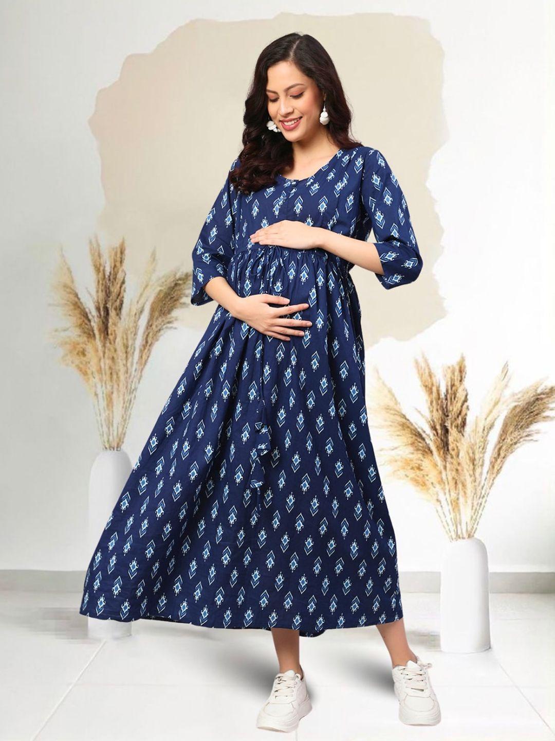 nayo ethnic motifs print flared sleeve maternity a-line midi dress