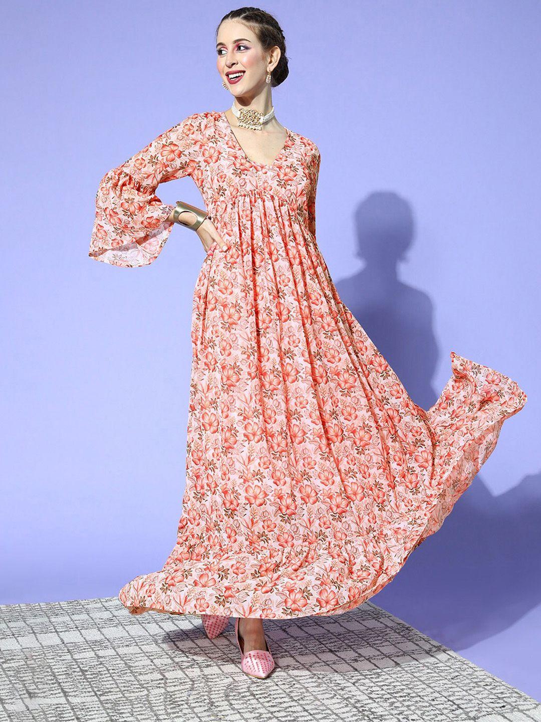 ziyaa floral print bell sleeve georgette maxi midi dress