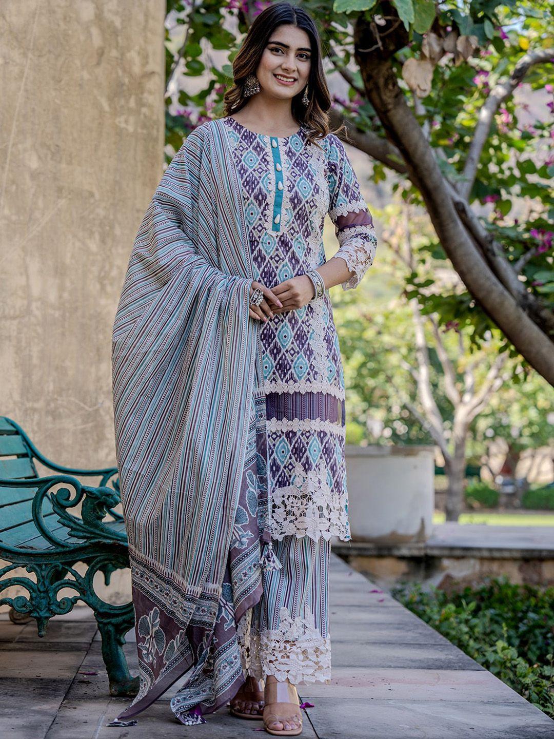 yufta women printed regular pure cotton kurta with palazzos & with dupatta