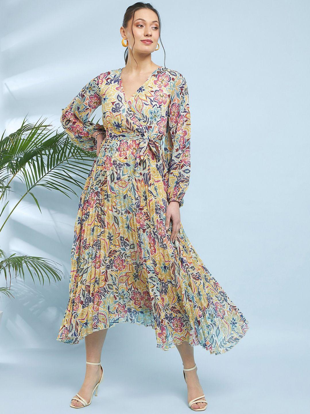 antheaa floral print puff sleeve chiffon fit & flare midi dress