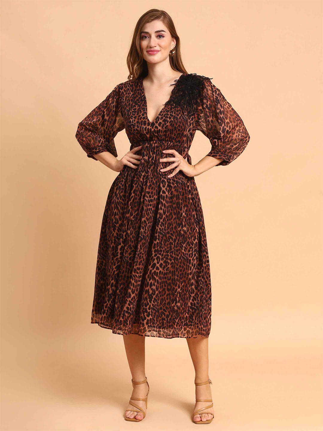 amagyaa floral print puff sleeve chiffon fit & flare midi dress