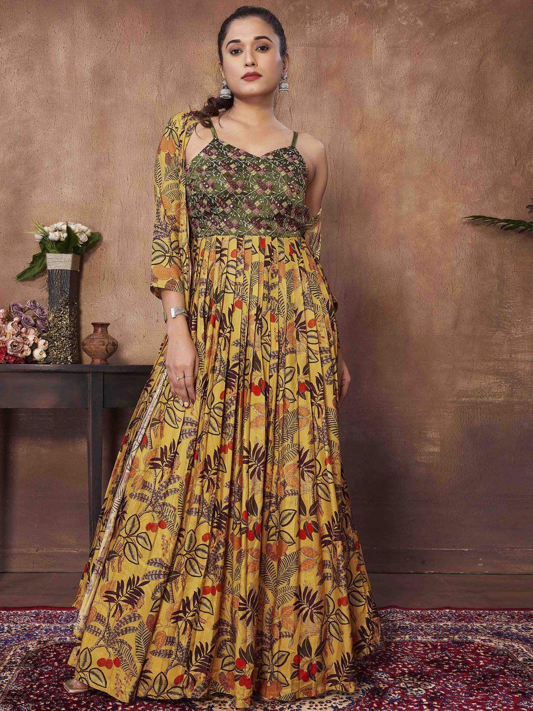 chandbaali floral printed sweetheart neck sleeveless maxi ethnic dress with shrug