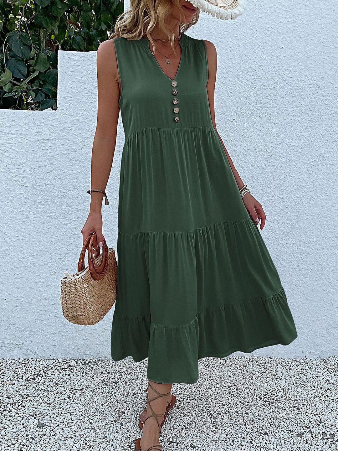 stylecast green v-neck tiered a-line midi dress