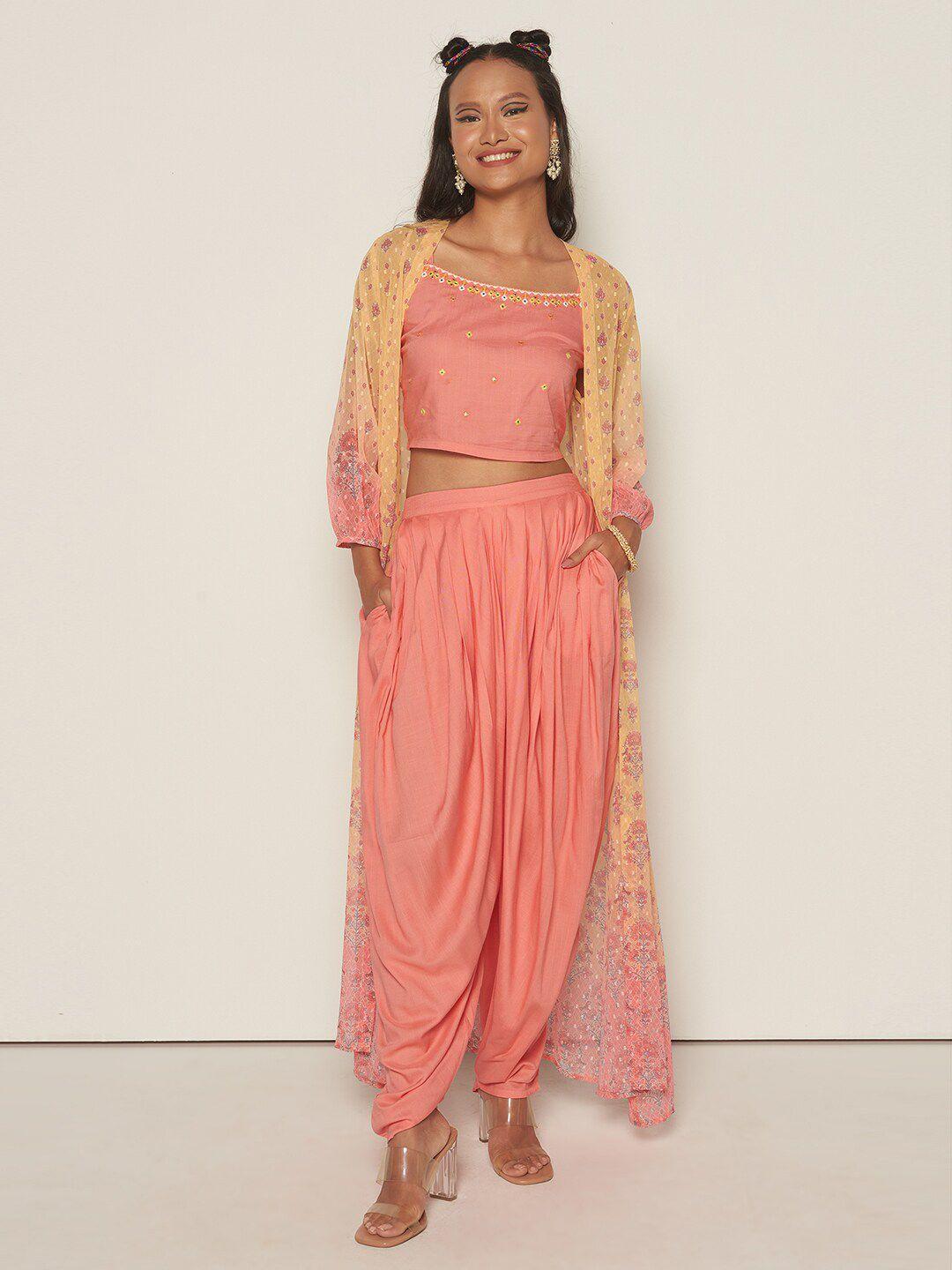 global desi cropped top with dhoti pants & shrug