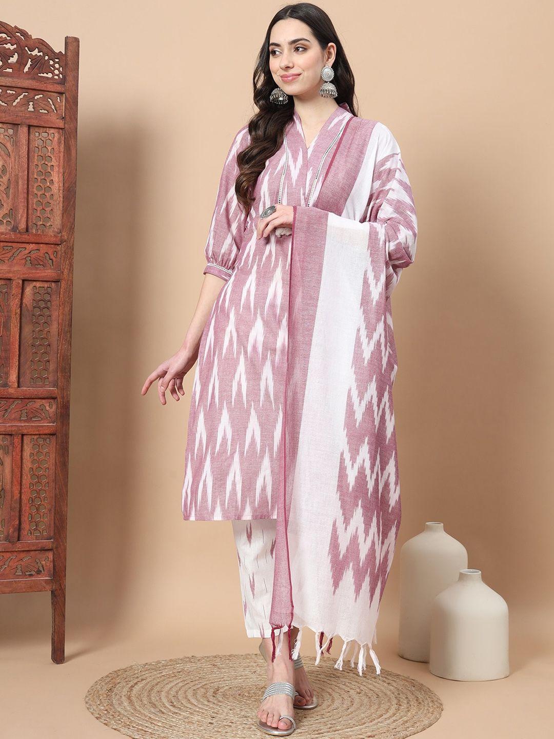 yufta women ikat print regular pure cotton kurta & trousers with dupatta