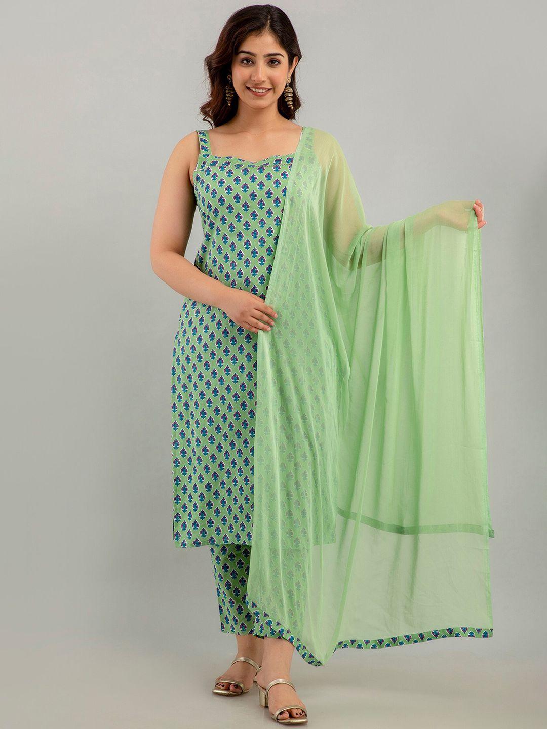 kalini ethnic motifs printed square neck cotton kurta with trousers & dupatta