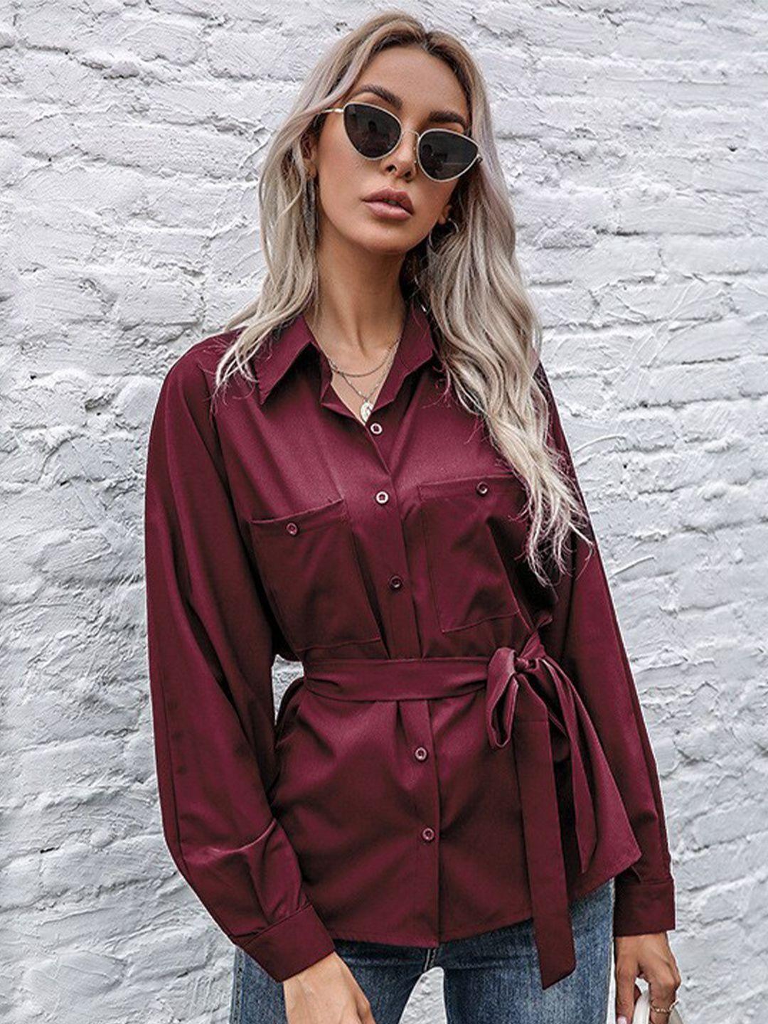 stylecast maroon spread collar tie up cotton casual shirt