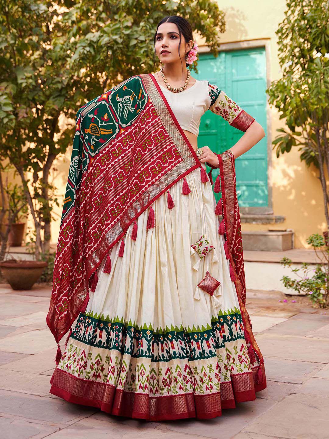 looknbook art printed foil print semi-stitched lehenga & unstitched blouse with dupatta