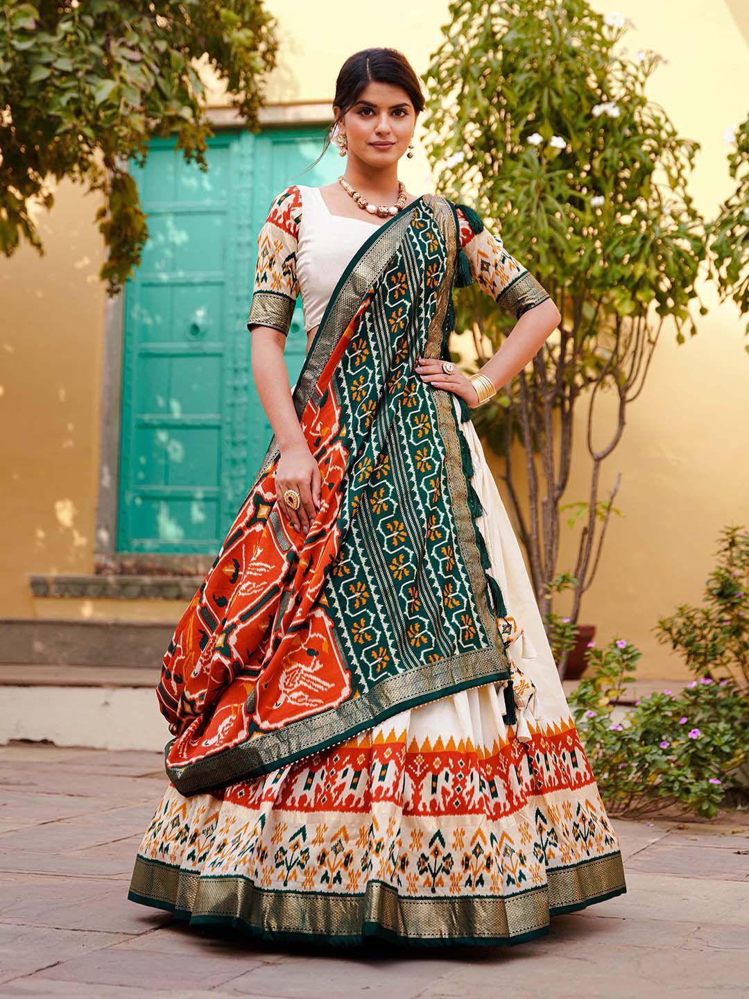 looknbook art printed foil print semi-stitched lehenga & unstitched blouse with dupatta