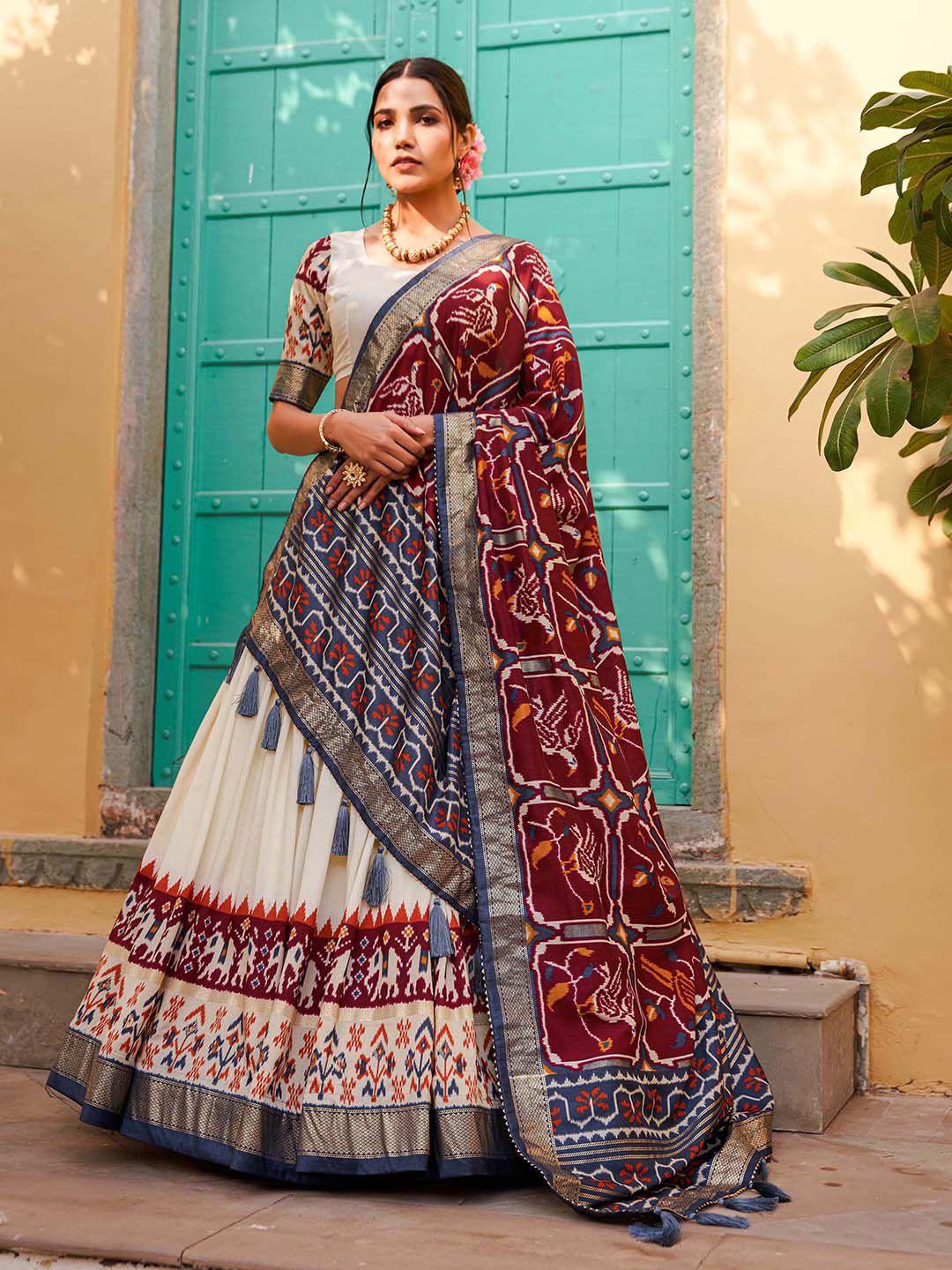 looknbook art printed foil print semi-stitched lehenga & unstitched blouse with dupatta