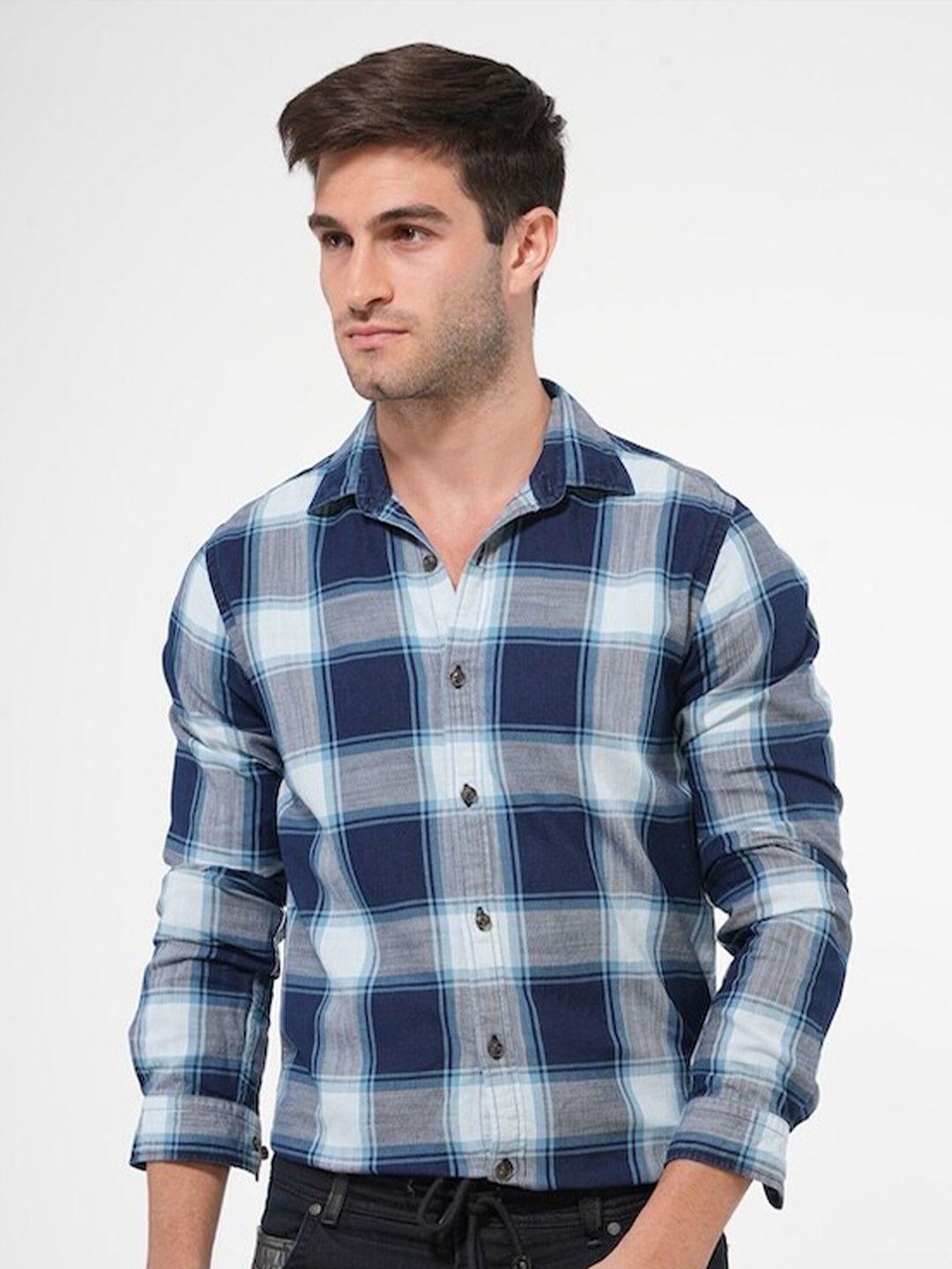 poe men smart slim fit tartan checks opaque checked casual shirt