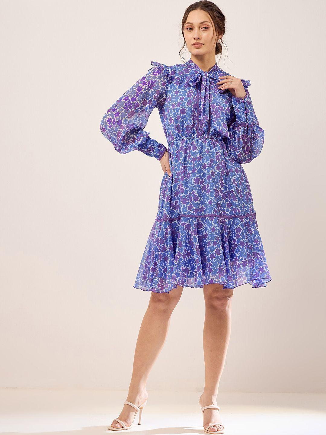 antheaa floral print tie-up neck puff sleeve chiffon shirt dress