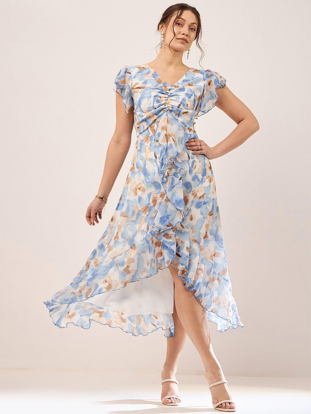 antheaa floral print puff sleeve chiffon fit & flare midi dress