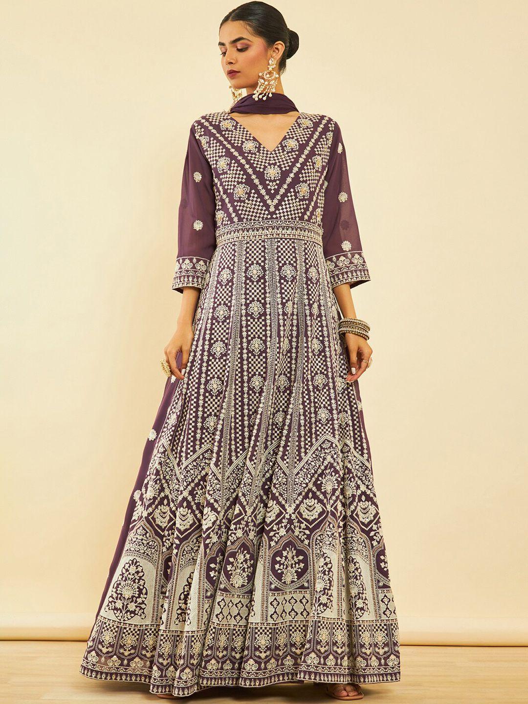 soch ethnic motifs embroidered empire sequinned georgette kurta with churidar & dupatta