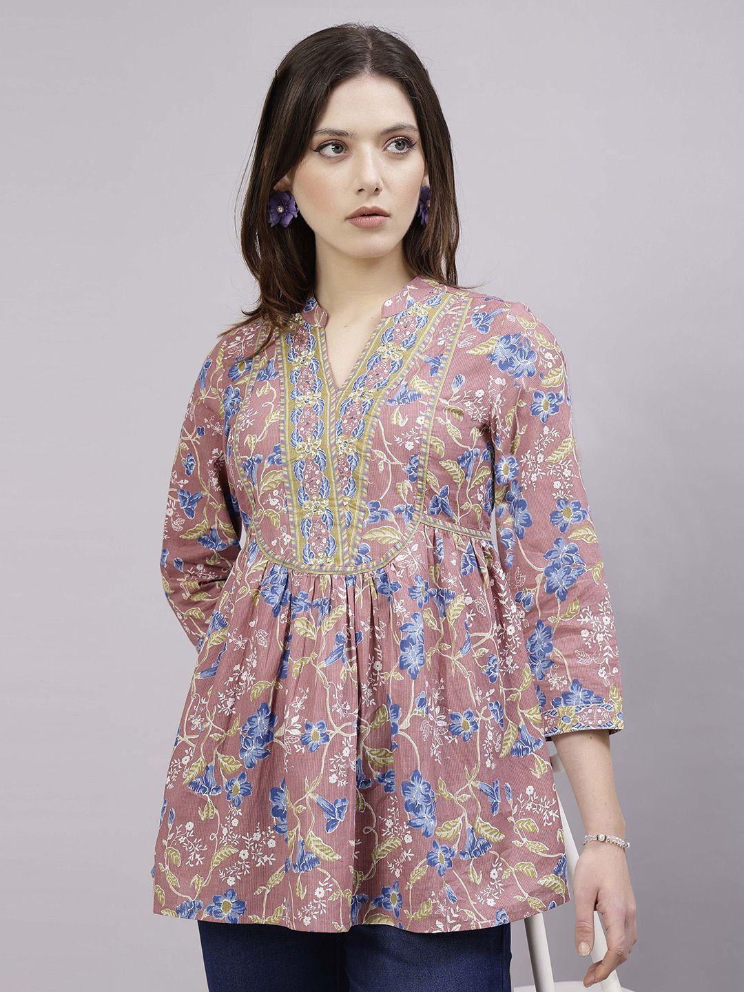 qomn floral print mandarin collar cotton empire longline top