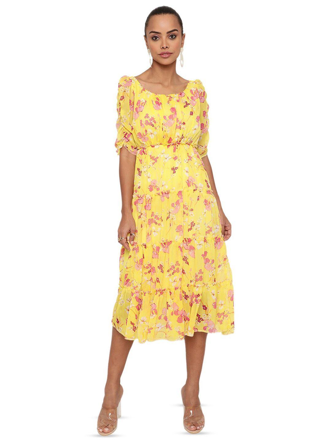 baesd floral print ruffled chiffon fit & flare midi dress