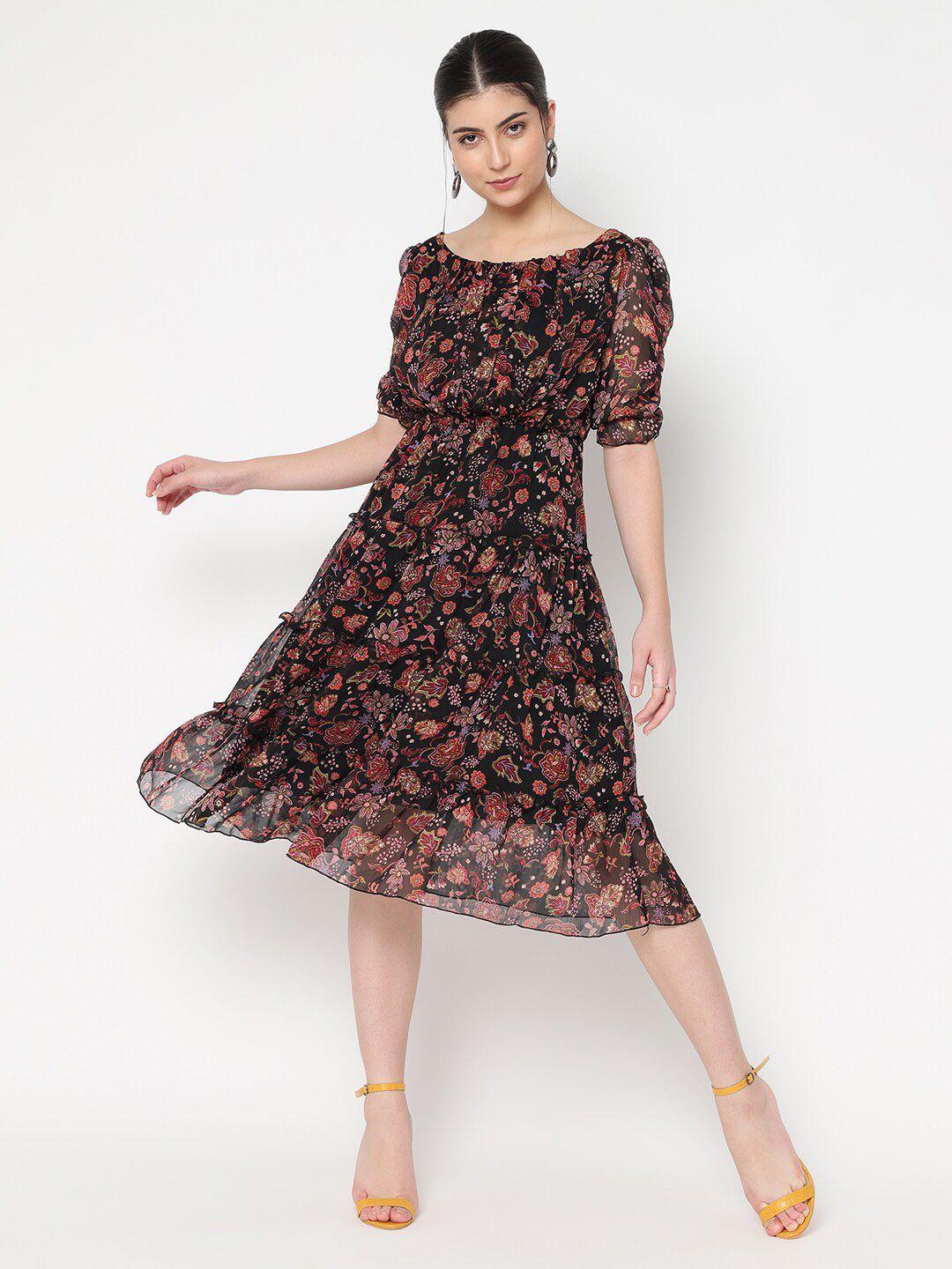 baesd floral print puff sleeve ruffled chiffon fit & flare midi dress