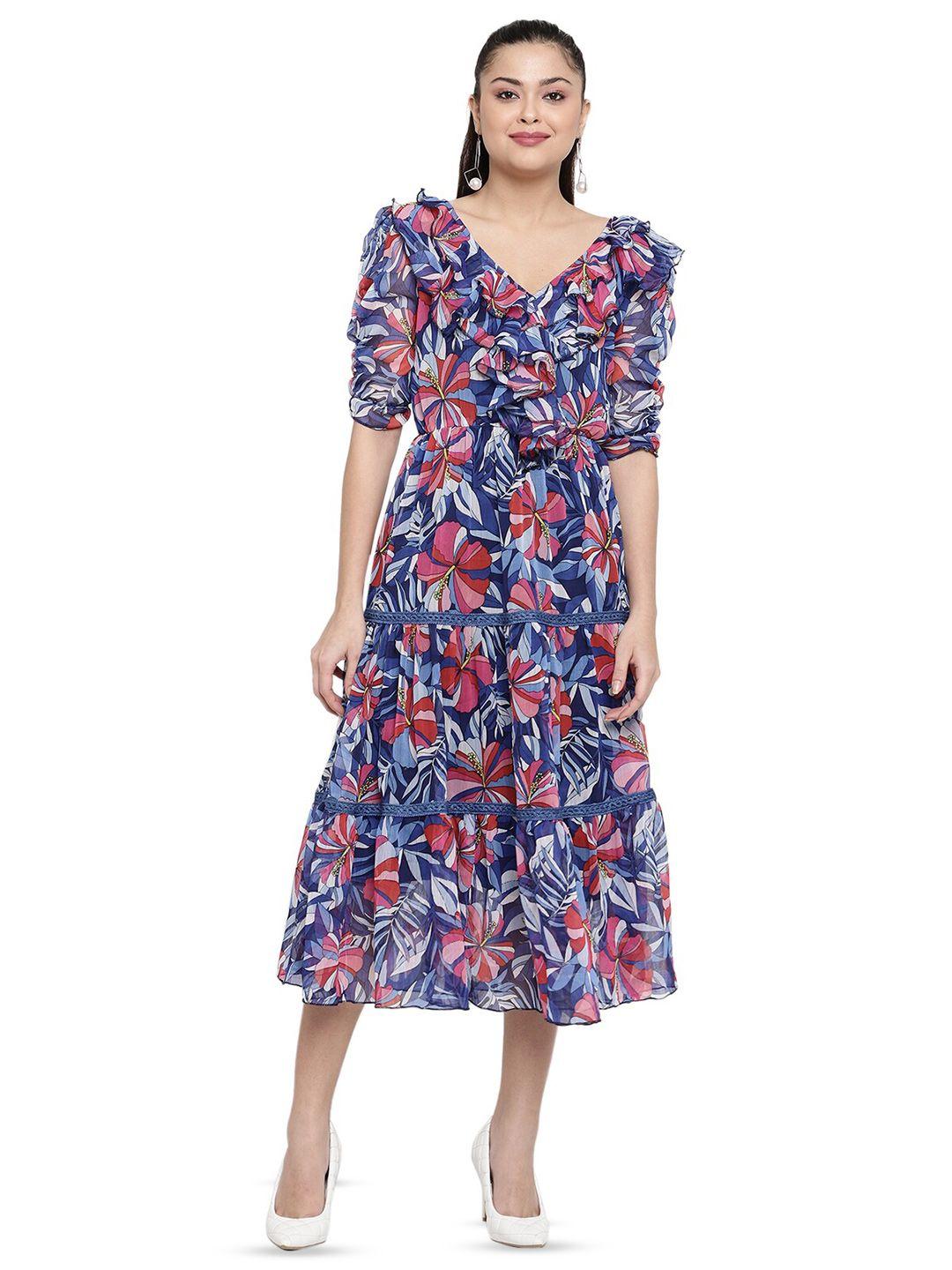 baesd floral print puff sleeve ruffled chiffon fit & flare midi dress