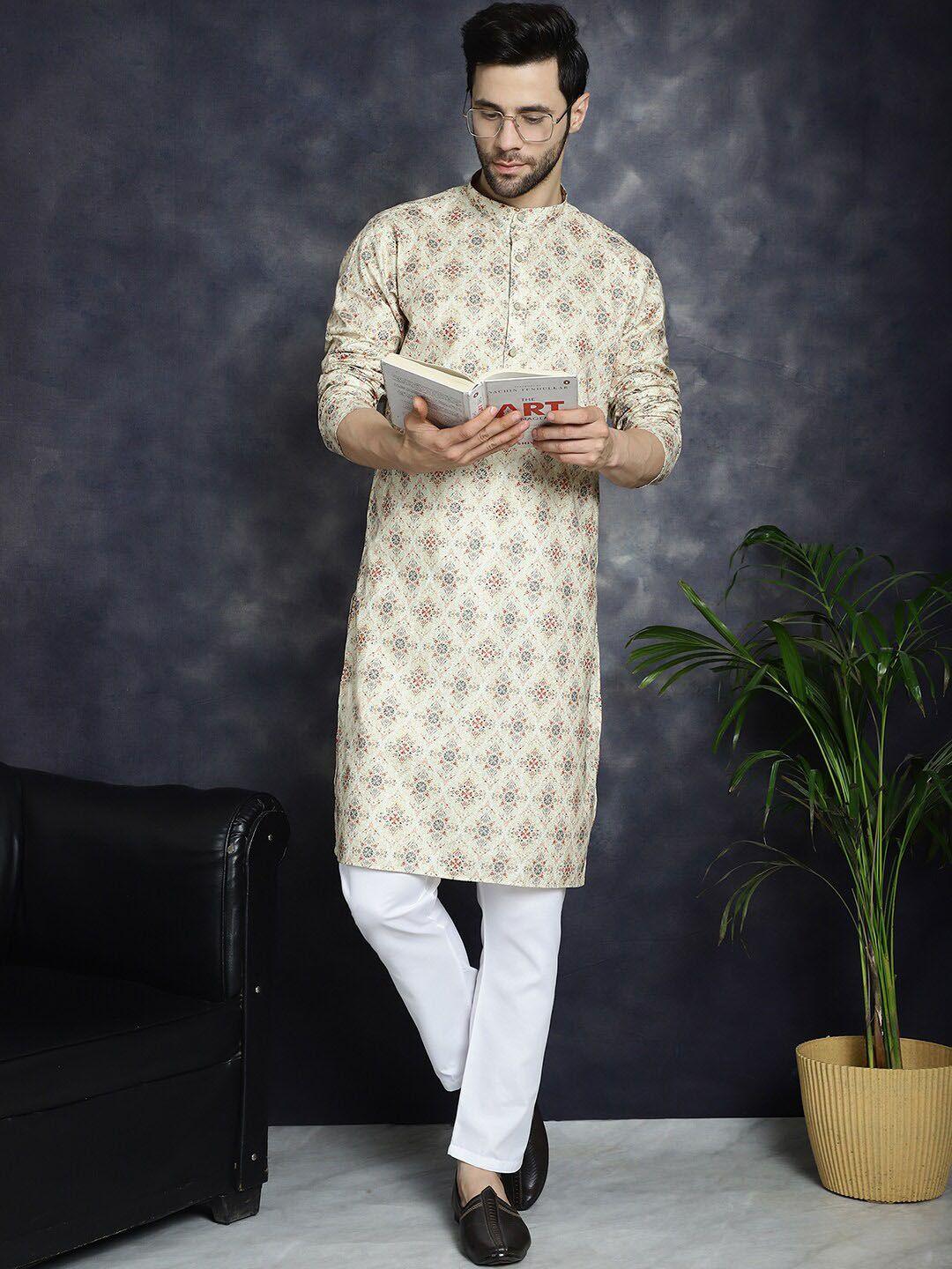 jompers men floral printed thread work kurta