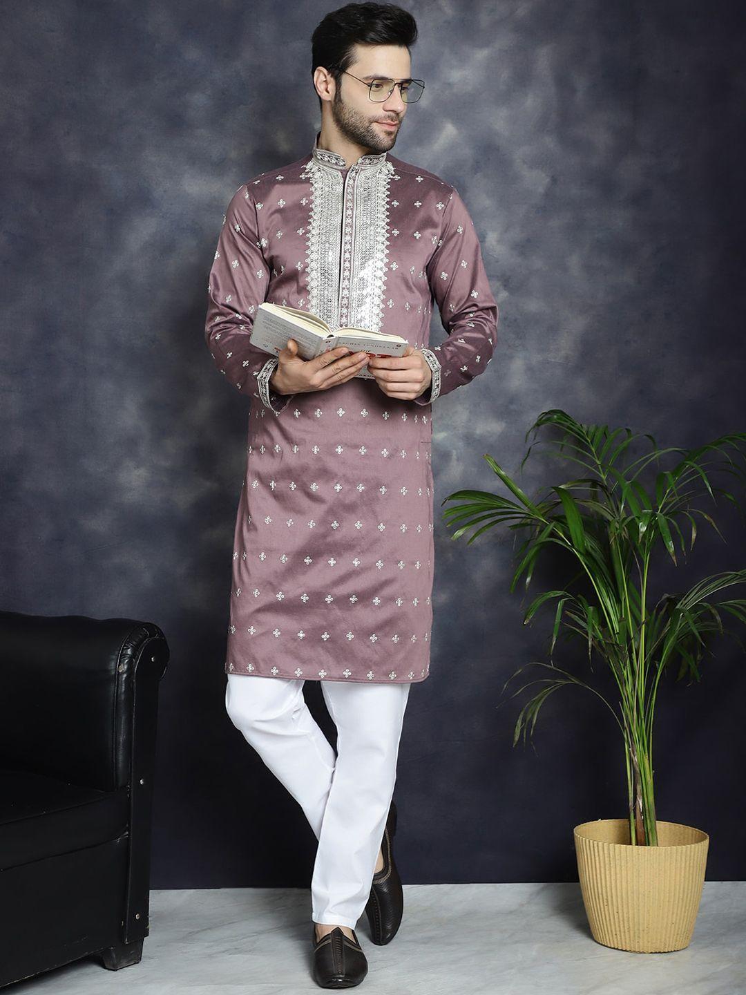 jompers men floral embroidered cold-shoulder sleeves kurta