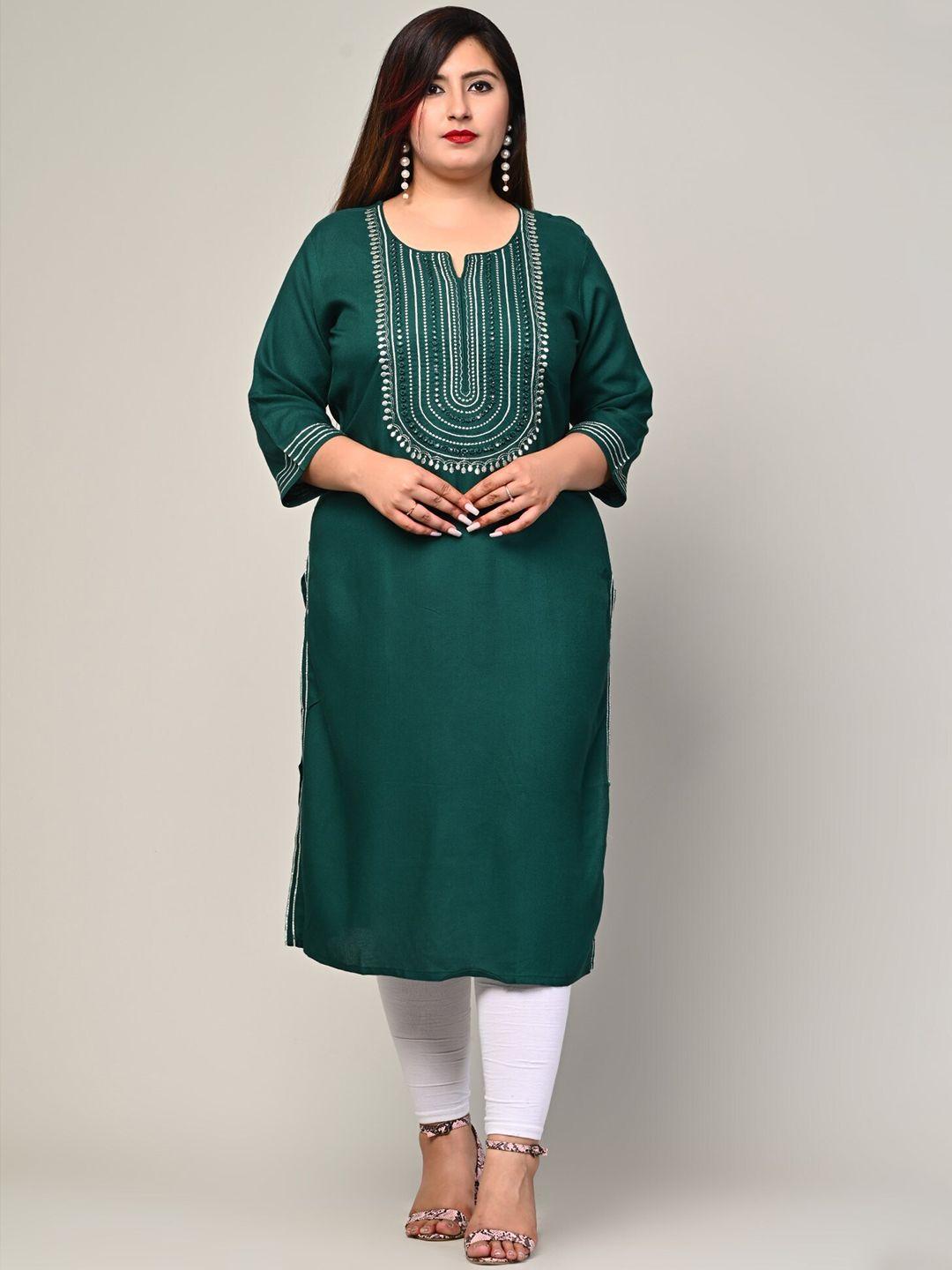 kalini plus size ethnic motifs embroidered notch neck mirror work straight kurta