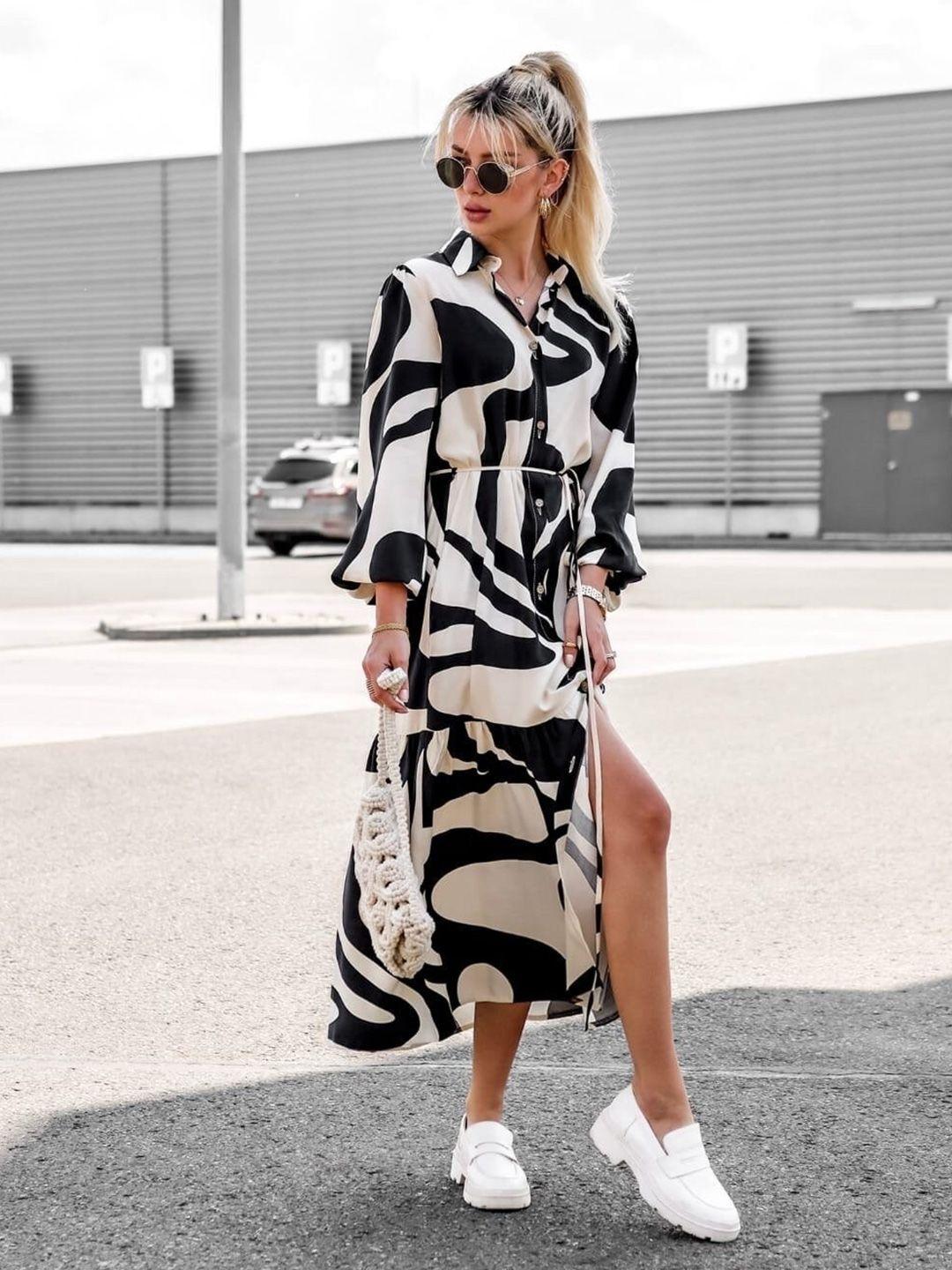 stylecast black abstract print shirt midi dress